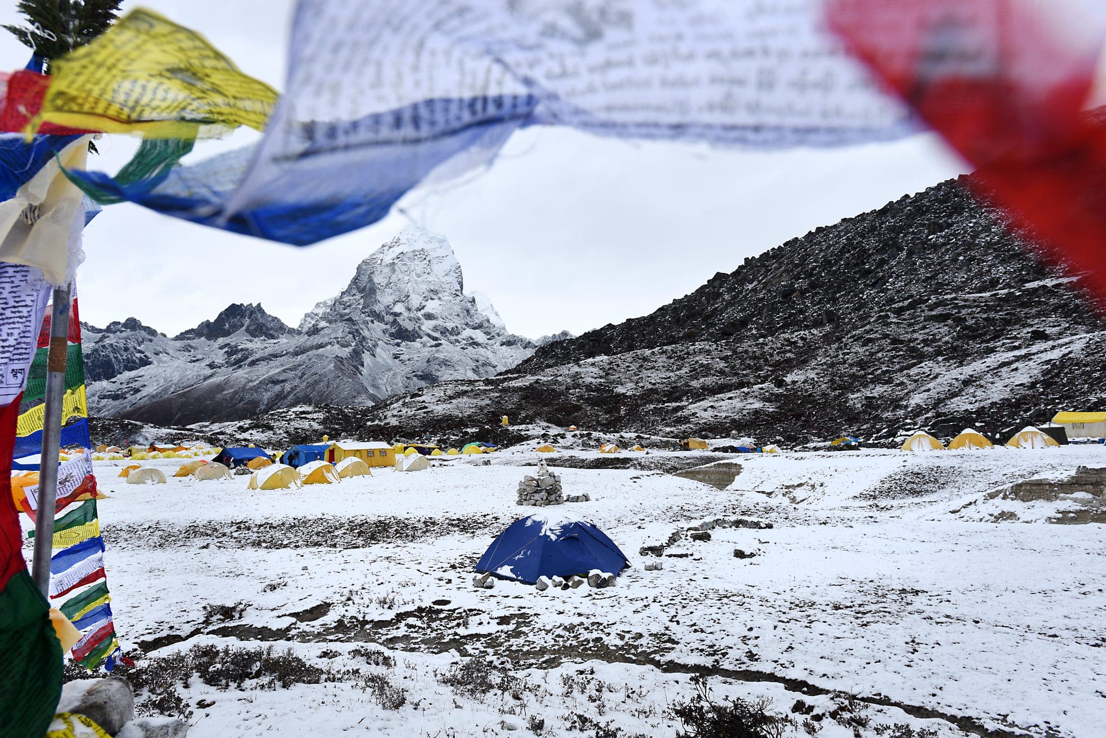 Expedition base camp under the peaks